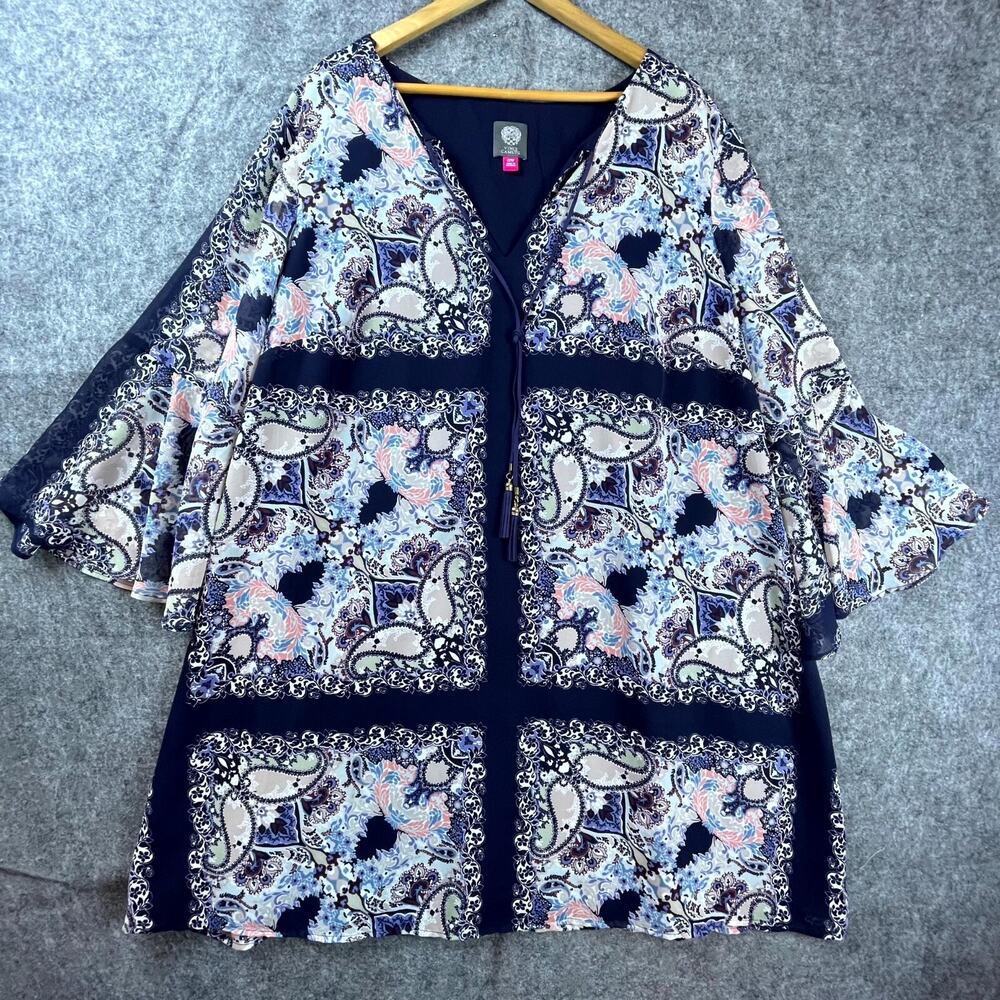 Vince Camuto Dress 22W Blue Floral Tassel Bell Sleeve Sheer Flowy Classy Boho
